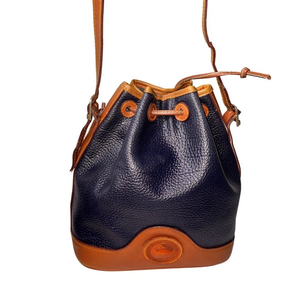 Dooney Bourke Drawstring Bucket Bag Pebbled Leather Navy blue Brown Medium - Picture 4 of 9